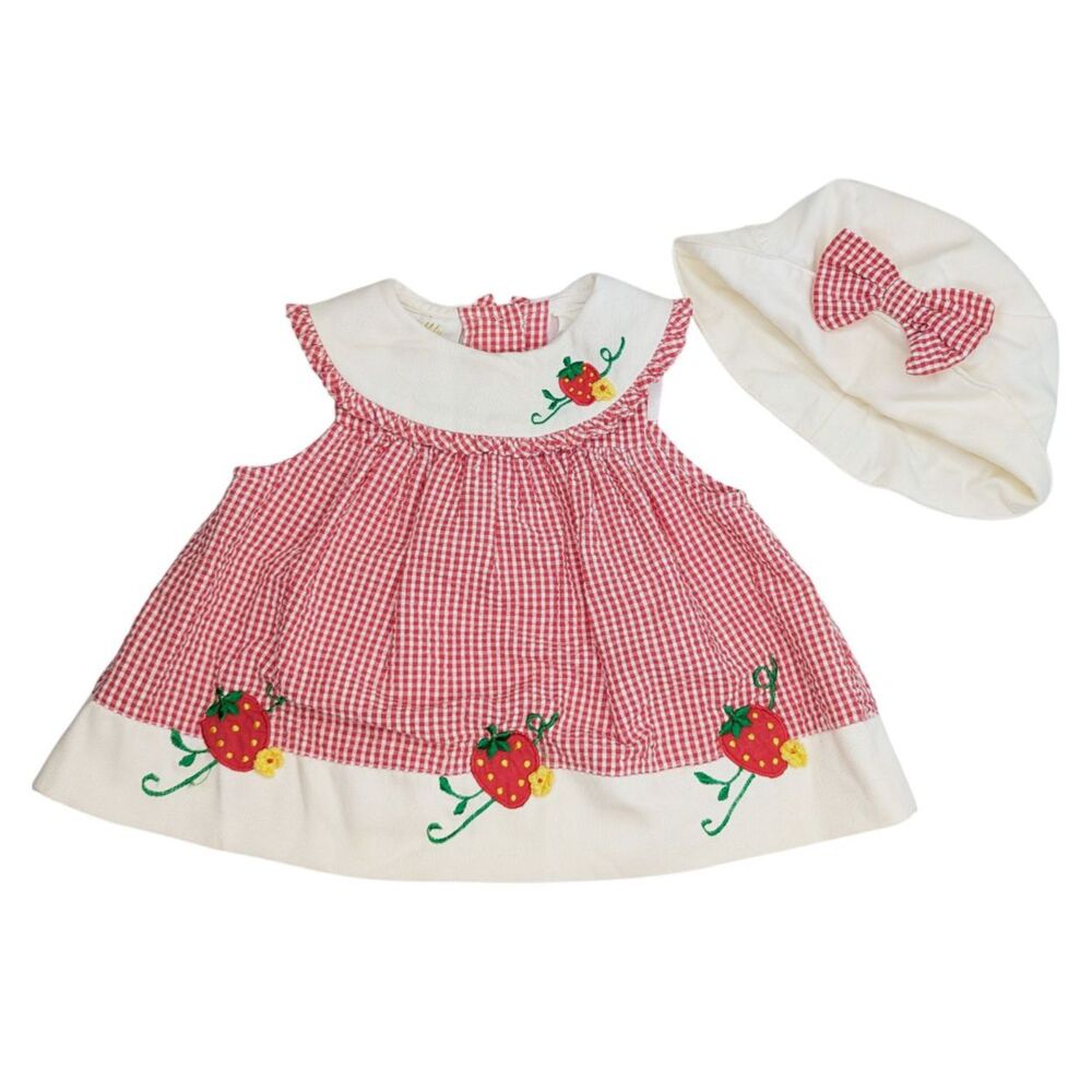 Vintage Seersucker Red White Check Strawberries Baby Dress/ Hat Set Sz 3-6 Mos